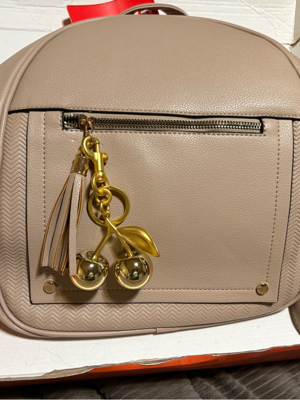 SOFT Beige/Taupe med. size backpack w/BAG CHARM INCLUDED! Tousle & Gold Accents